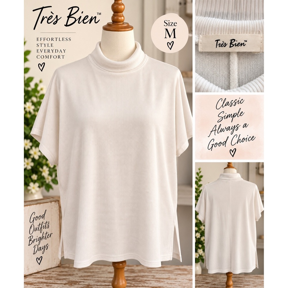 Tres Bien Womens White Ribbed Mock Neck Short Sleeve Top T39902 XL